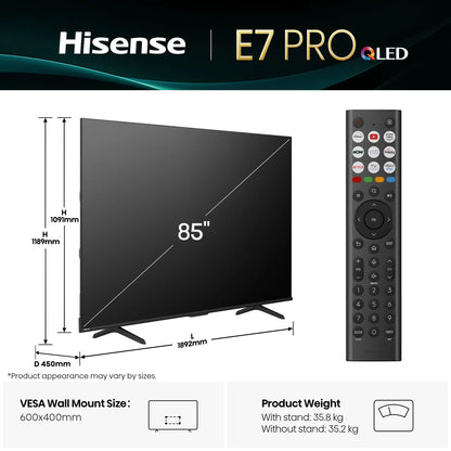 Hisense E78Q 85" 4K Ultra HD QLED Smart Freely TV [2025] - 85E78QTUK PRO